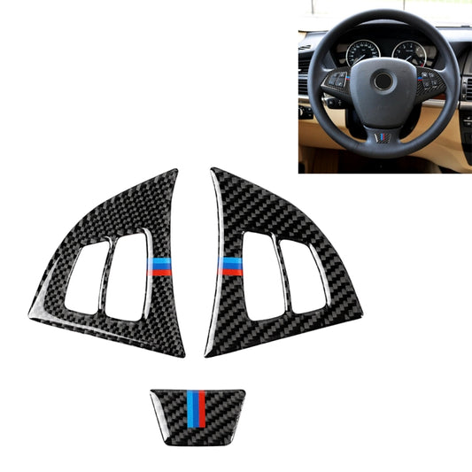 Carbon fiber steering wheel button trim set, tricolor stripe inserts (3-piece)