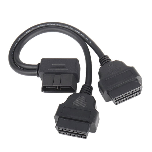16-pin OBD2 male-to-female extension cable with 90-degree L-shaped connectors