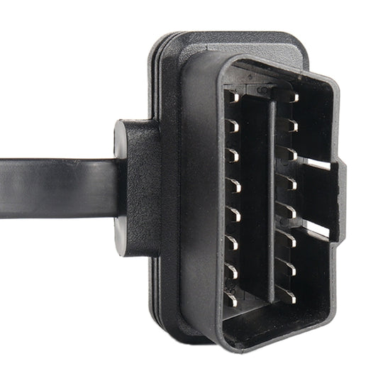 16-pin OBD connector plug end with exposed pin rows on black housing