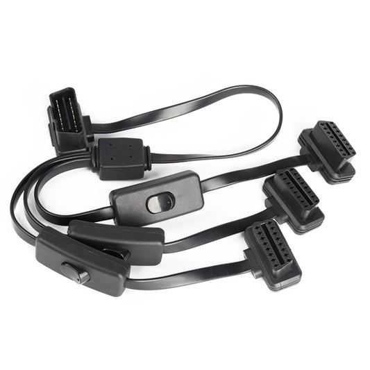 OBD2 16-pin diagnostic cable with switch and three multi-OBD connectors, black