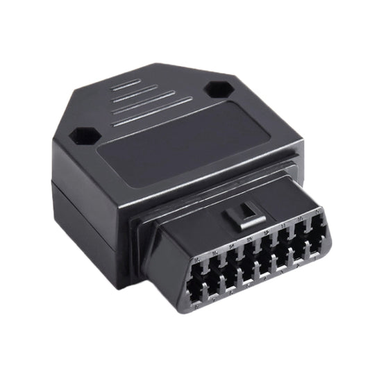 16-pin OBD2 female connector plug, black with latch details