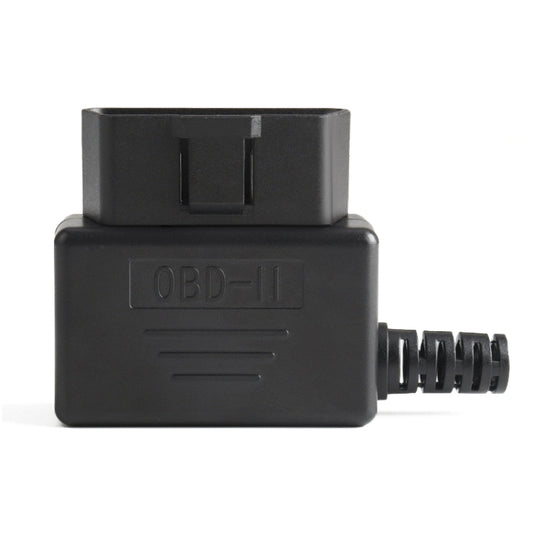 OBD-II 16-pin male connector housing with cable strain relief, black.