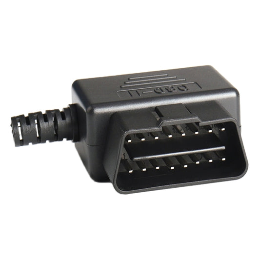 16-pin OBD-II male plug connector with exposed socket contacts, black.