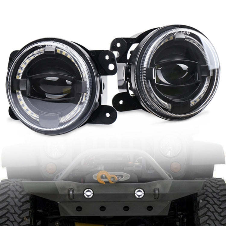 Pair of round 4-inch LED fog lights with clear halo rings and black brackets for mounting