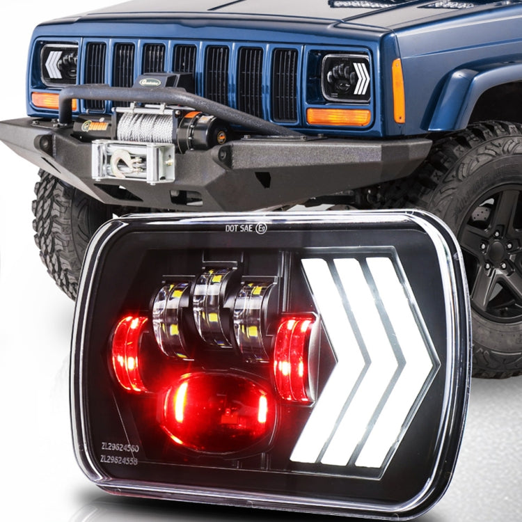 LED square headlamp with chrome housing, red light and white arrow-style LEDs