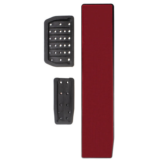 Car pedal cover set with black non-slip pads and a red backing piece