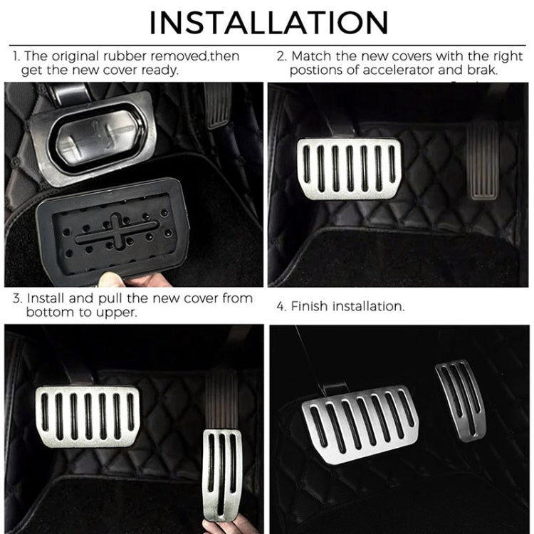 Car pedal cover set installation steps with vented pads shown on pedals