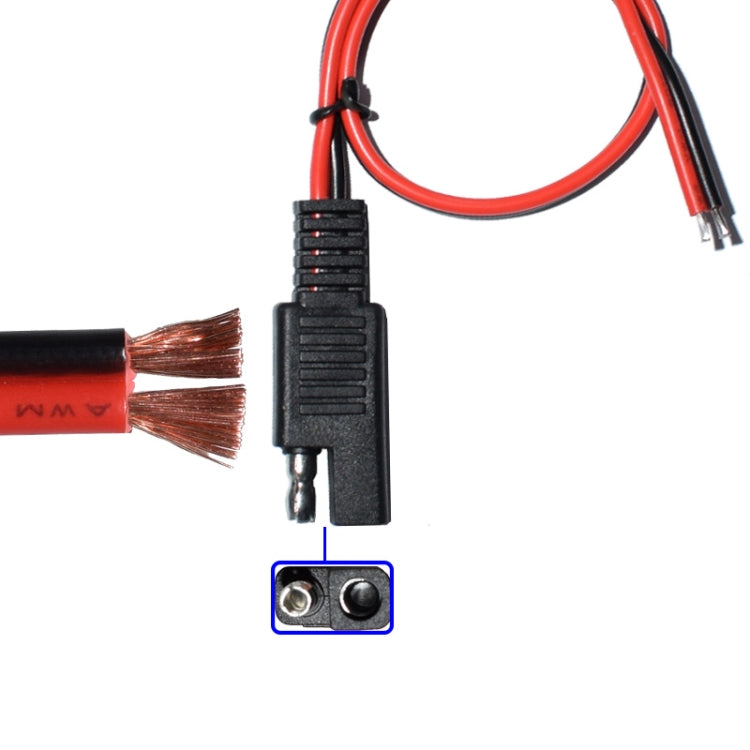 Battery cable connector with SAE plug, red/black wires, copper strands visible