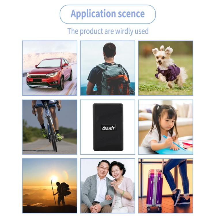 Compact GPS tracker device in black case shown with app use scenes