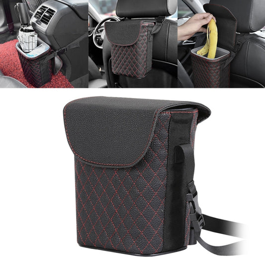 Car back seat storage hook trash can holder with black fabric and red diamond stitching