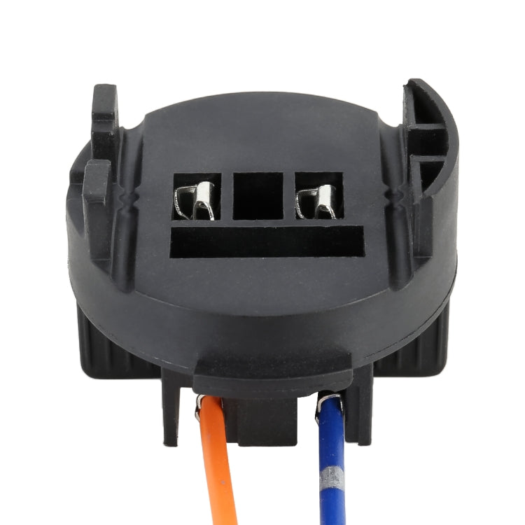 Front view of black H7 tail lamp bulb holder with two metal terminals and blue/orange wires