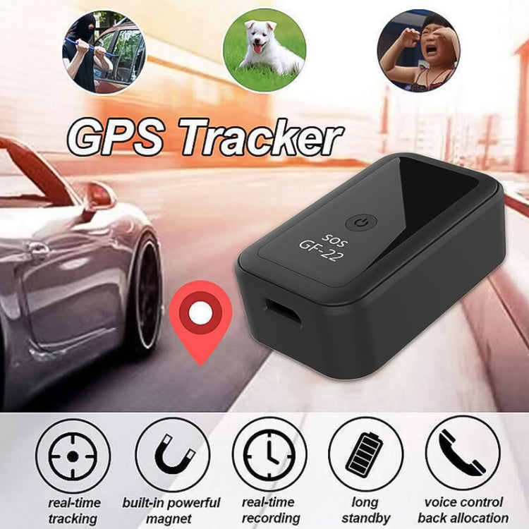 Black GPS car tracker device with SOS button, shown with car and feature icons