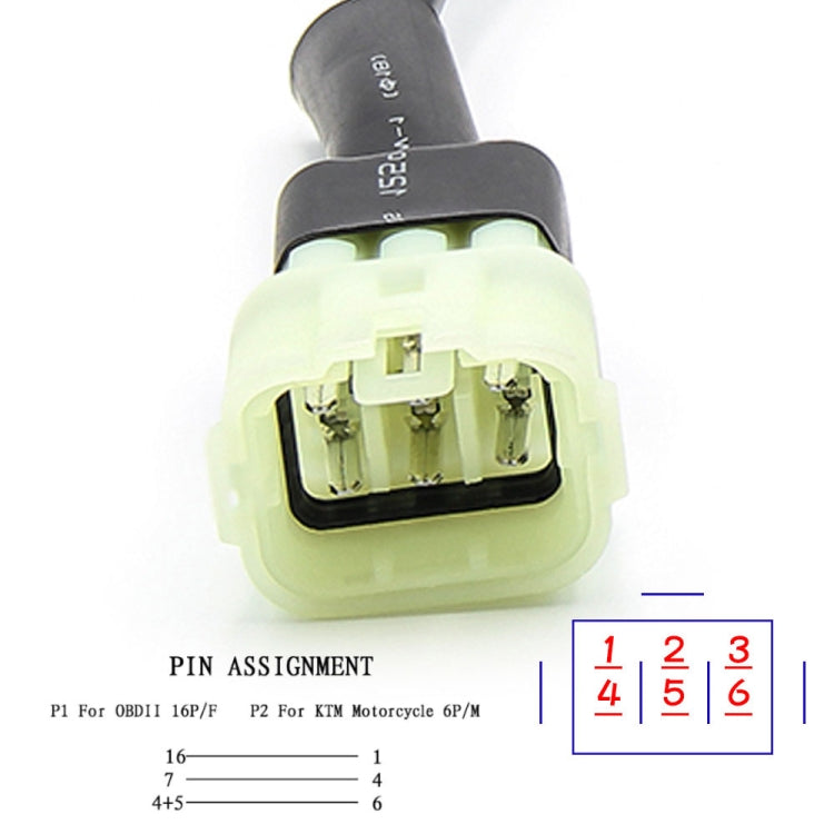 Motorcycle OBD 16-pin connector with light-green plug and pin assignment chart