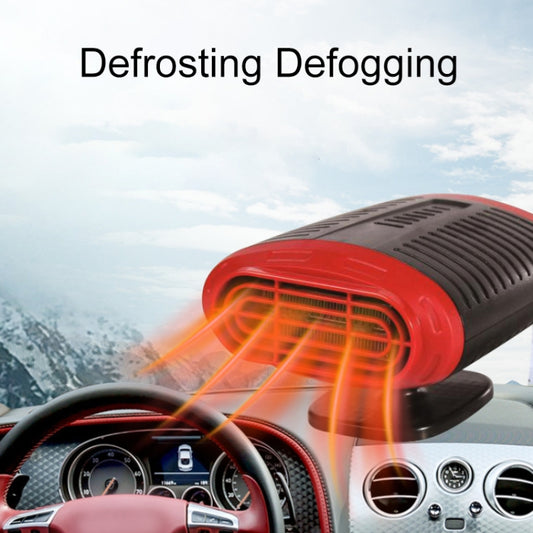 Red portable car defroster heater with glowing heating grille and suction base