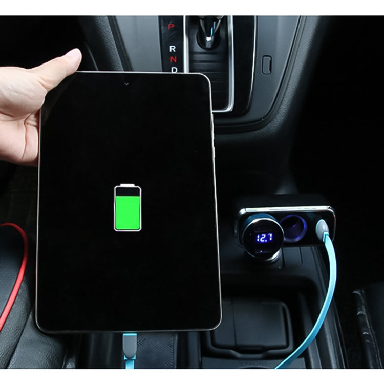 Black 2-in-1 car USB charger with dual ports, charging indicator illuminated