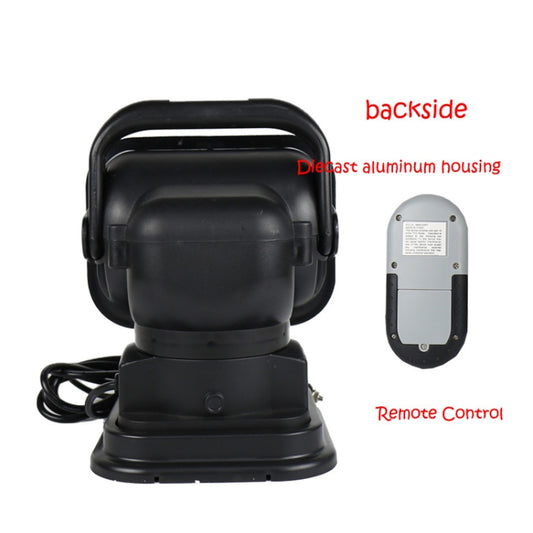 LED search light with black housing and die-cast aluminum body, rear view with remote control
