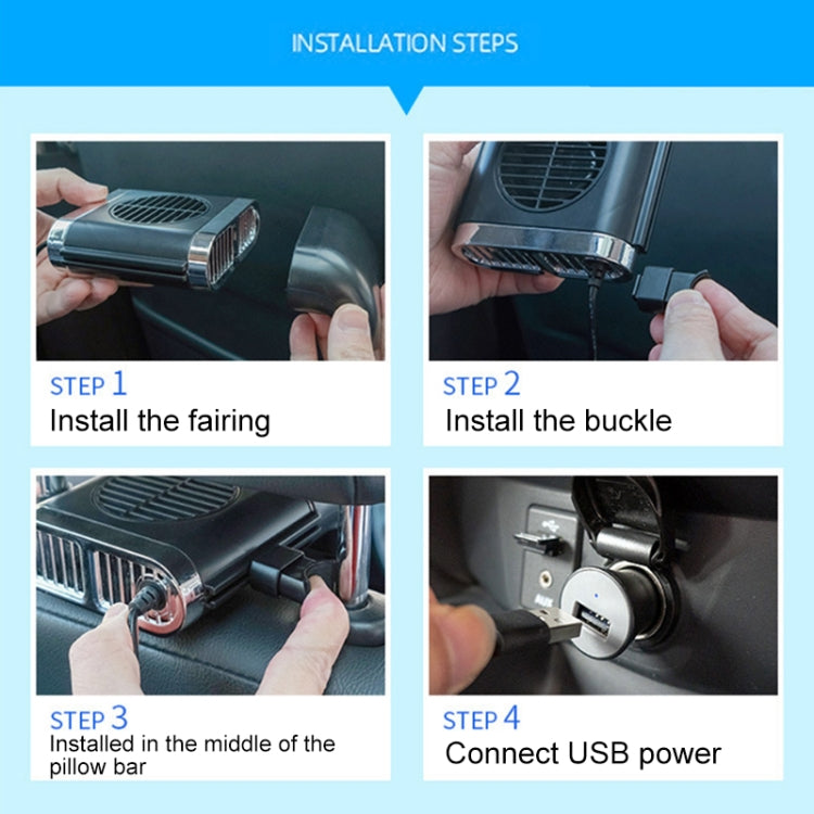 Car cooling fan installation steps showing clip attachment and USB power connection