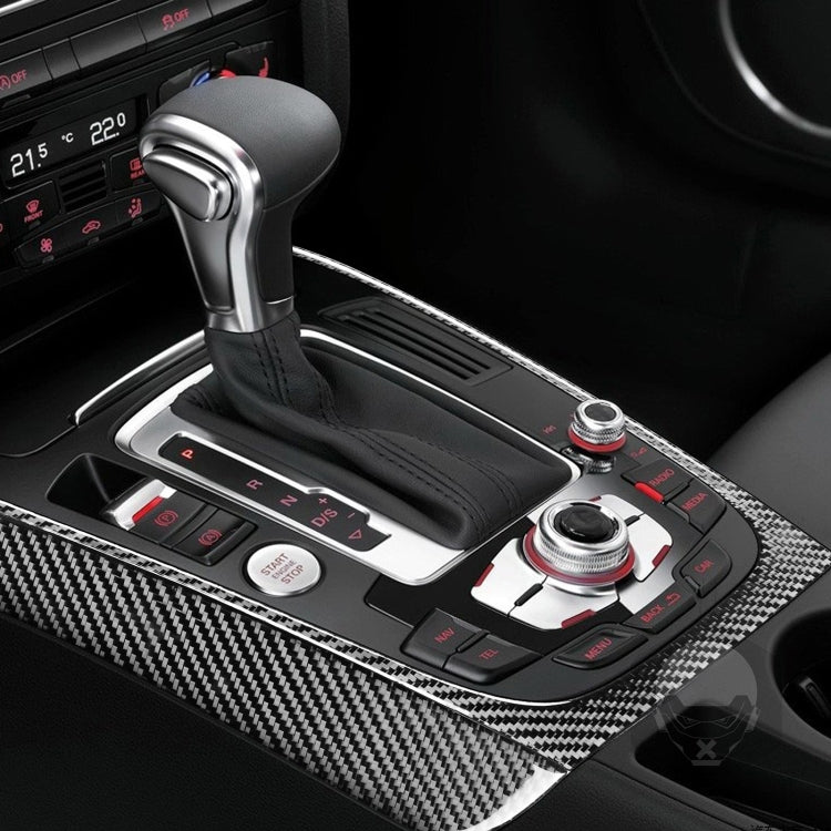 Carbon fiber style gear panel trim with shifter surround, installed in car