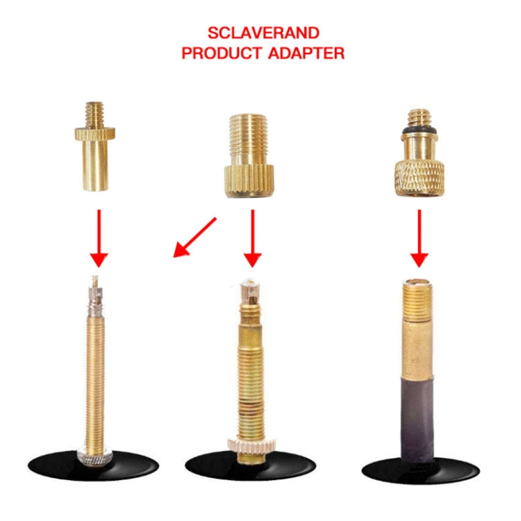 Brass inflator adapters with black gasket and needle stem, valve-ready fittings