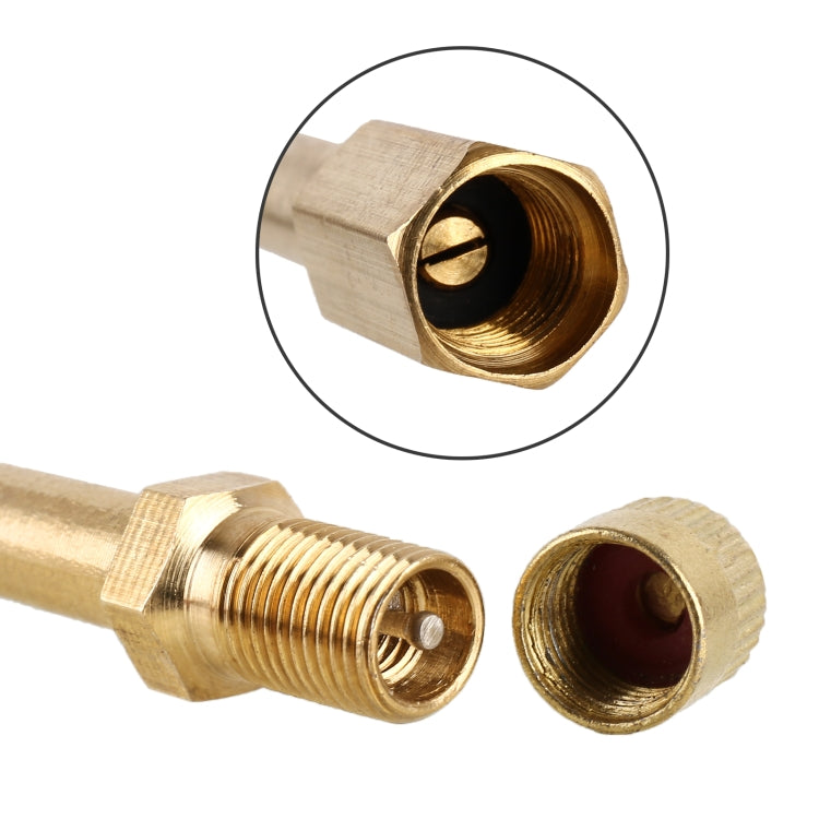 Close-up of copper tire valve extension tube ends with male threads and inner hole