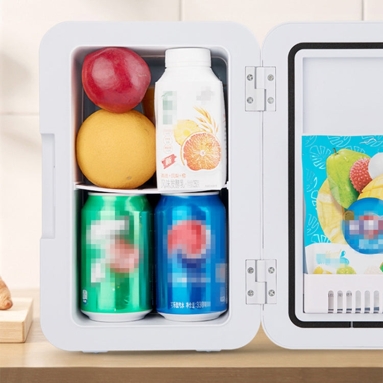 Mini refrigerator with open door, showing jars and bottles in the inner shelves