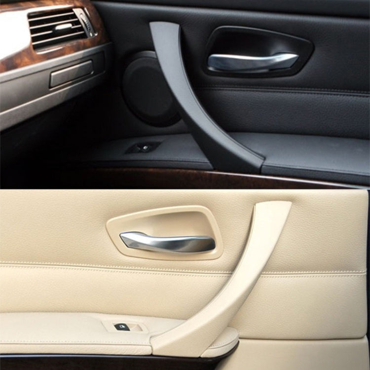 Beige inner door armrest handle assembly installed on car door