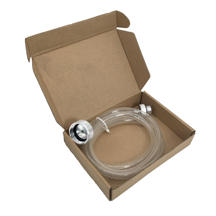 Oil filling hose set in open cardboard box with metal adapter fittings