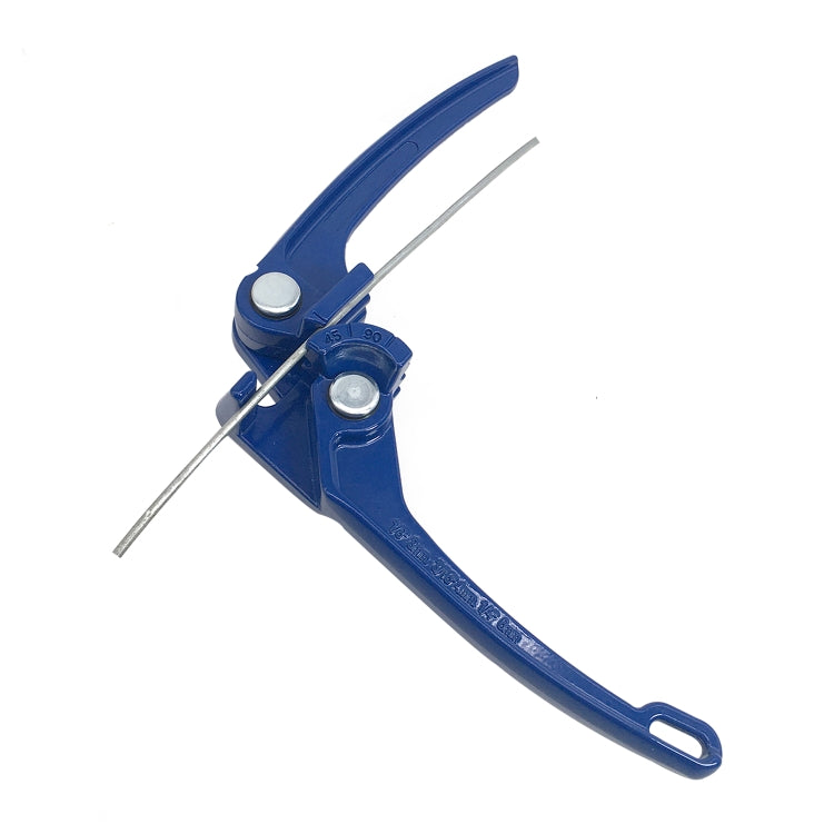 Blue tube bender with long handle, central pivot, and two steel bending rods
