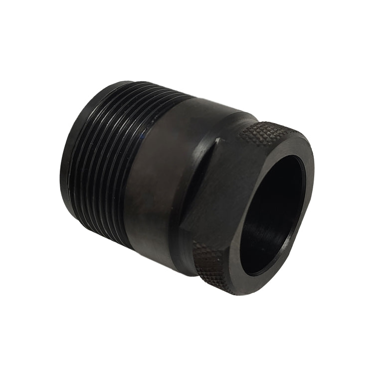Black cylindrical fuel pump tool with external threads and rubber-lined socket