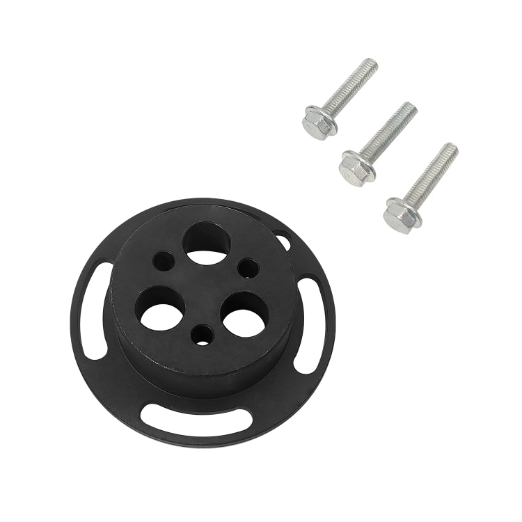 Black circular retainer holding tool with three loose screws and side cutouts