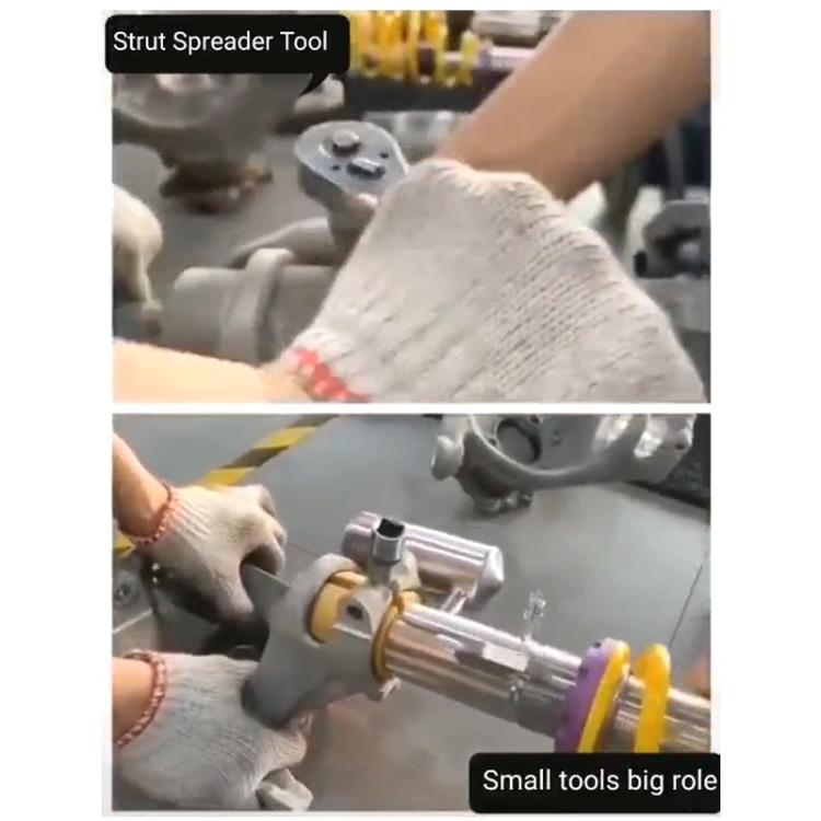 Strut spreader socket bit tool positioned at suspension strut hardware