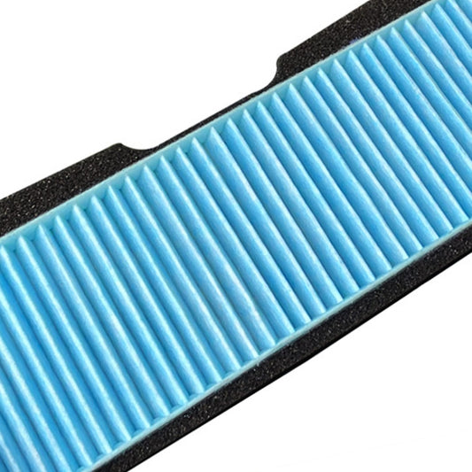 Close-up of car air-conditioning external filter element showing blue pleated ridges