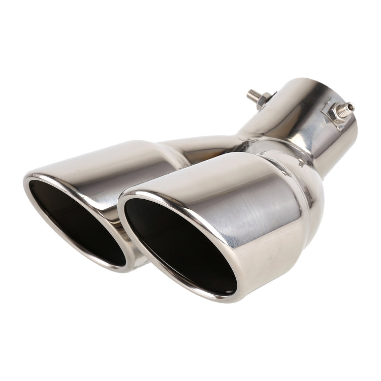 Stainless steel elbow exhaust tip with dual angled outlets, polished silver chrome