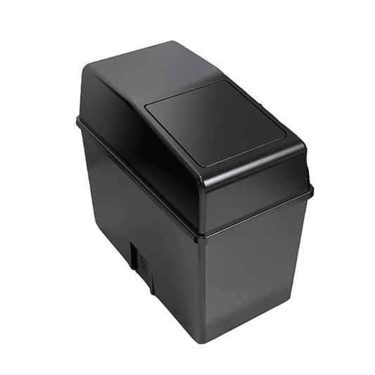 Black rectangular car trash can with hinged lid and push button opening