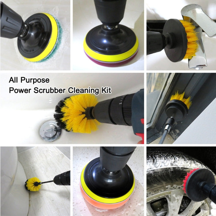 Black drill scrub pad with yellow brush head and orange edge ring