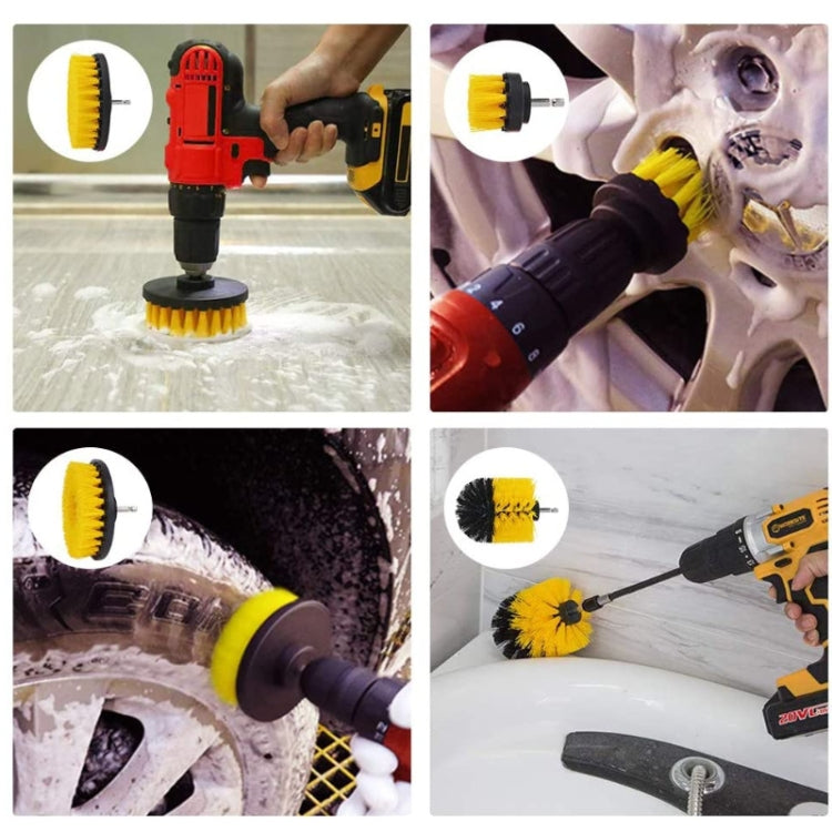 Yellow and black drill brush attachments used on tile and grout with power drill
