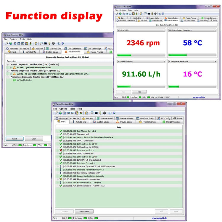 OBD2 scanner software function display showing rpm, temperature, and log list