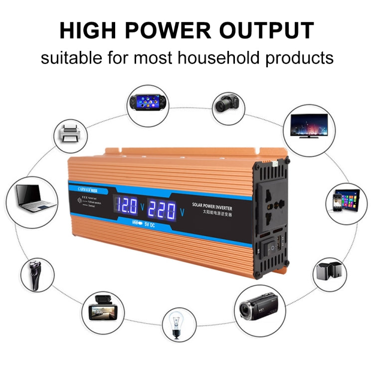 Orange power inverter with ports illustrated around the body for household use