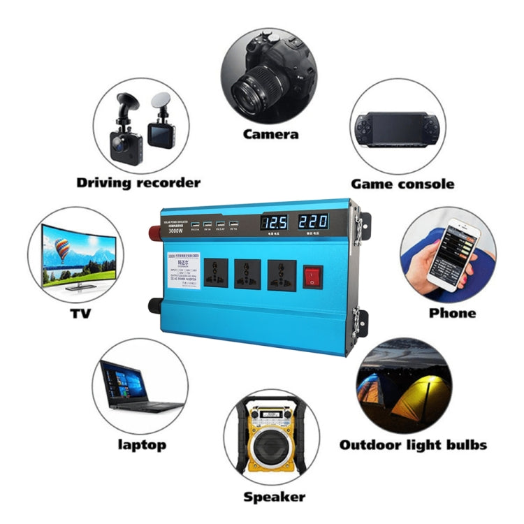 12V to 220V 3000W inverter with icons indicating compatible home devices