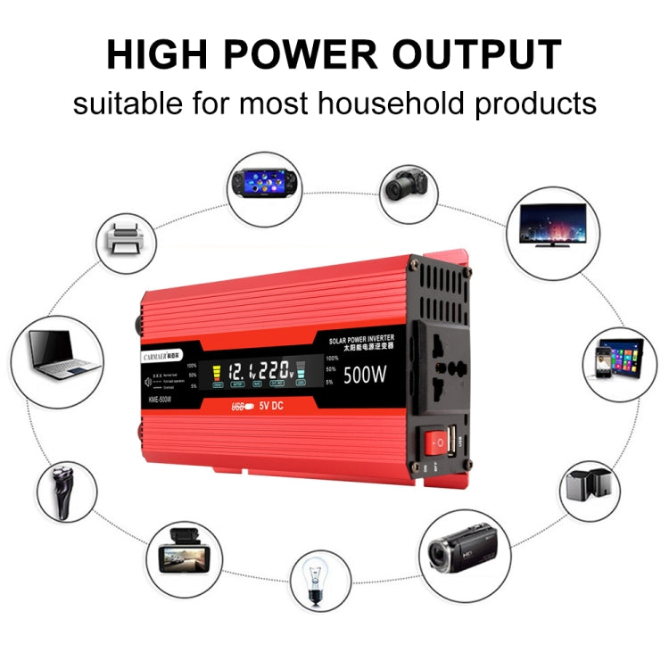 Red power inverter with LCD display and AC output sockets for home use