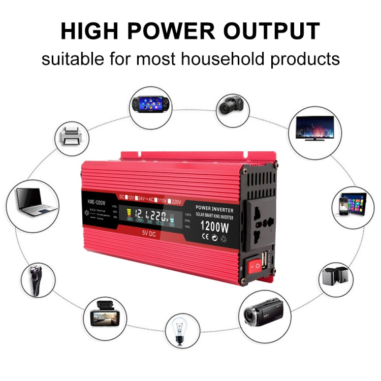 Red LCD power inverter with side outlets, power switch, and connecting cable