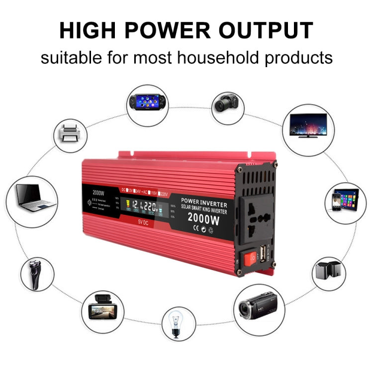 Red 2000W power inverter with LCD panel and side AC and DC connectors