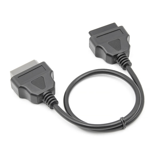 OBD2 conversion cable with two angled plugs and a looped black wire between connectors