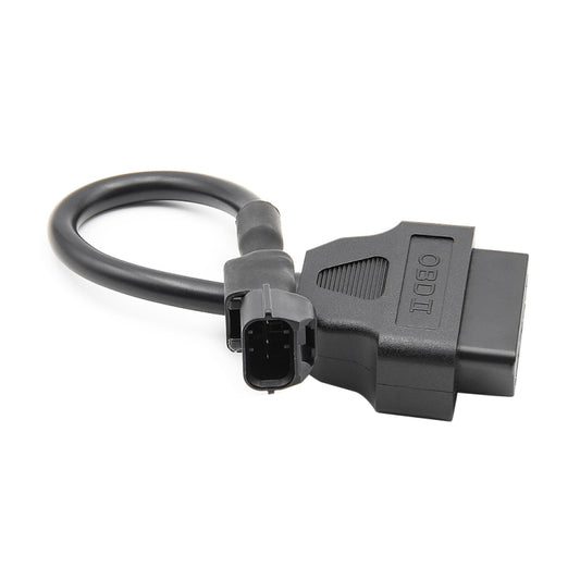 Motorcycle OBD2 conversion cable, OBDII-style connector with labeled housing