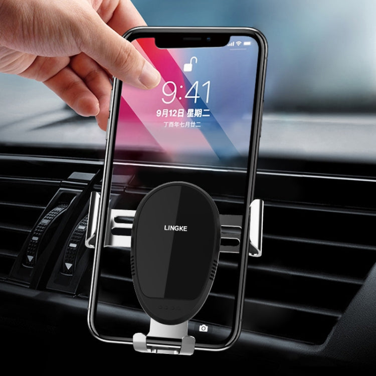 LINGKE car air outlet snap-in gravity phone holder holding a smartphone in black cradle