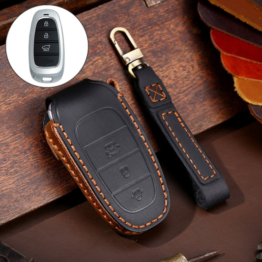 Hallmo Car Cowhide Leather Key Protective Cover Key Case for Hyundai 3-button, For Hyundai 3-button