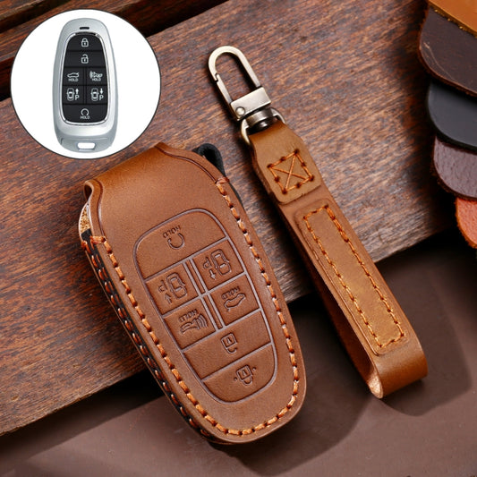 Hallmo Car Cowhide Leather Key Protective Cover Key Case for Hyundai 7-button, For Hyundai 7-button