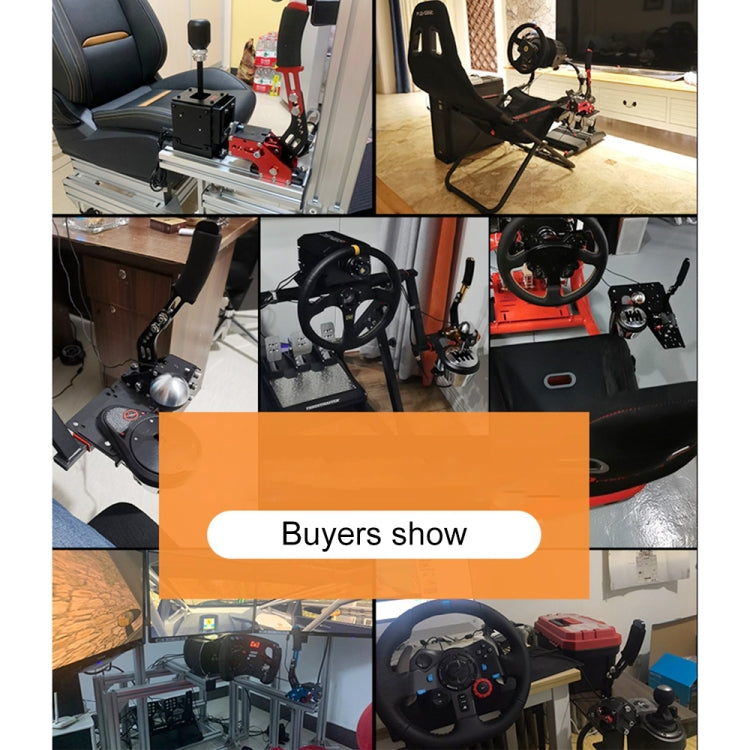 Racing handbrake installed on sim setup next to steering wheel and pedals