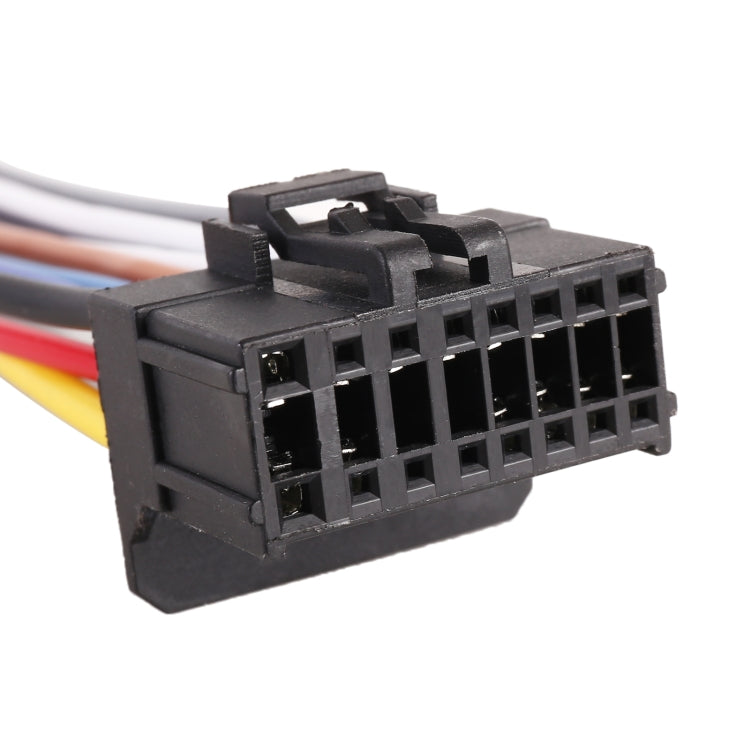 Car radio adapter cable close-up of black multi-pin connector and wire leads