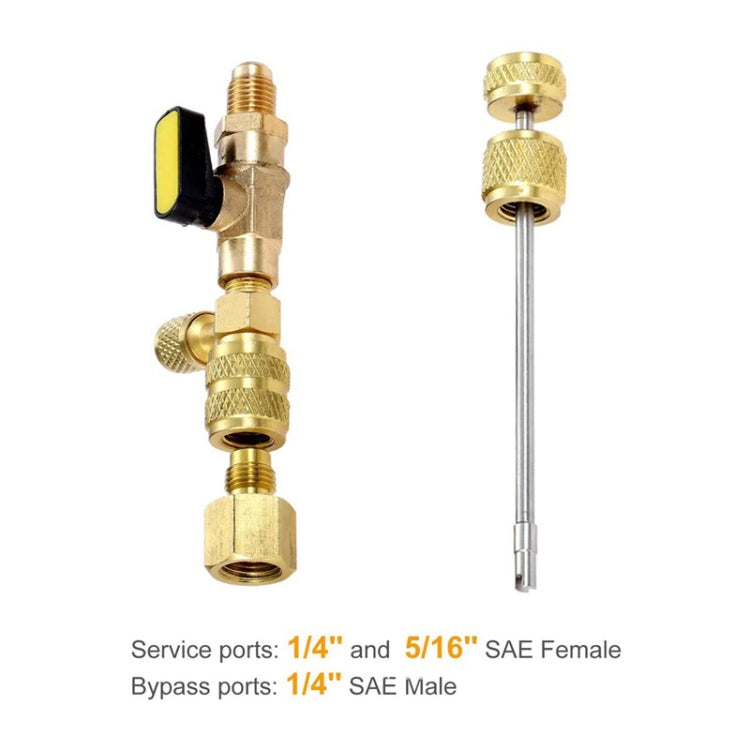 Brass valve core remover with 1/4 & 5/16 SAE female ports and 1/4 male bypass